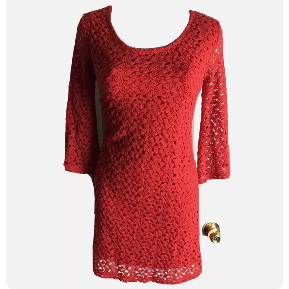 Pretty Rebellious Red Crochet Short Dress- Lined - Size M Medium